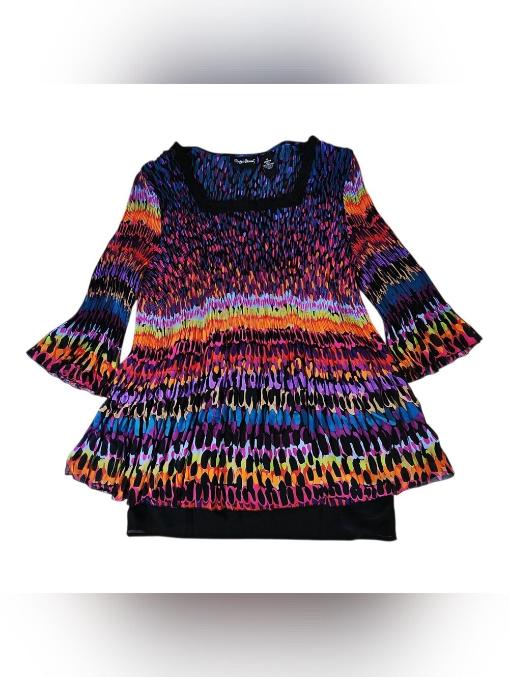 Maggie Barnes Plus Size 2X Multicolor Abstract Blouse Plisse Pleated Bell Sleeve